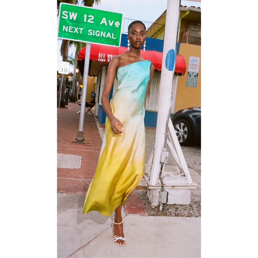 Zara asymmetric tie dye knot blue yellow satin effect dress